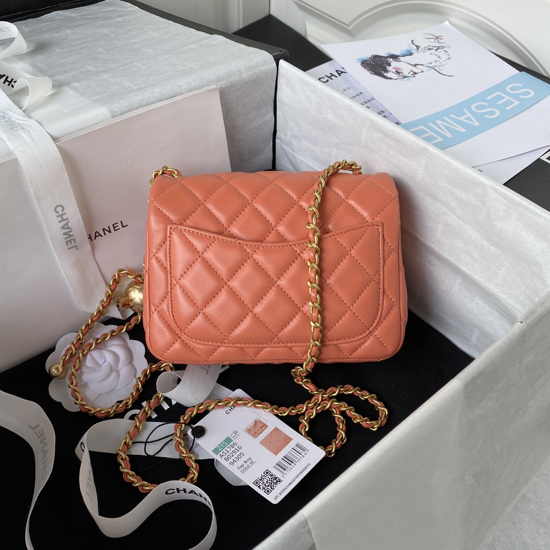 CHANEL MINI FLAP BAG SHINY CALFSKIN Gold-Tone METAL ORANGE 5.3 × 6.6 × 3.1 in - Image 3