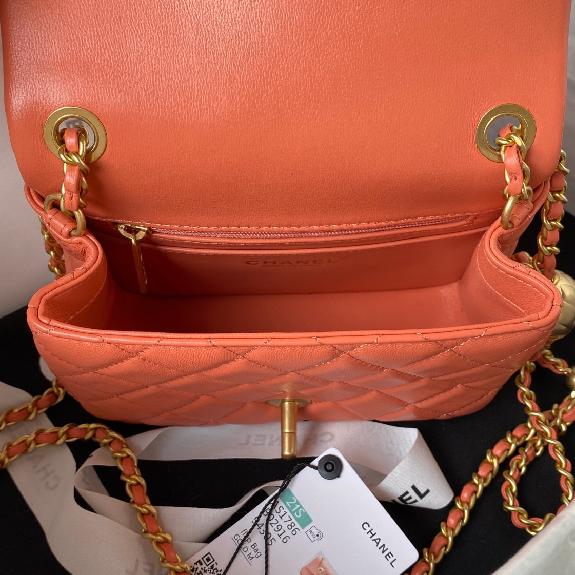 CHANEL MINI FLAP BAG SHINY CALFSKIN Gold-Tone METAL ORANGE 5.3 × 6.6 × 3.1 in - Image 8