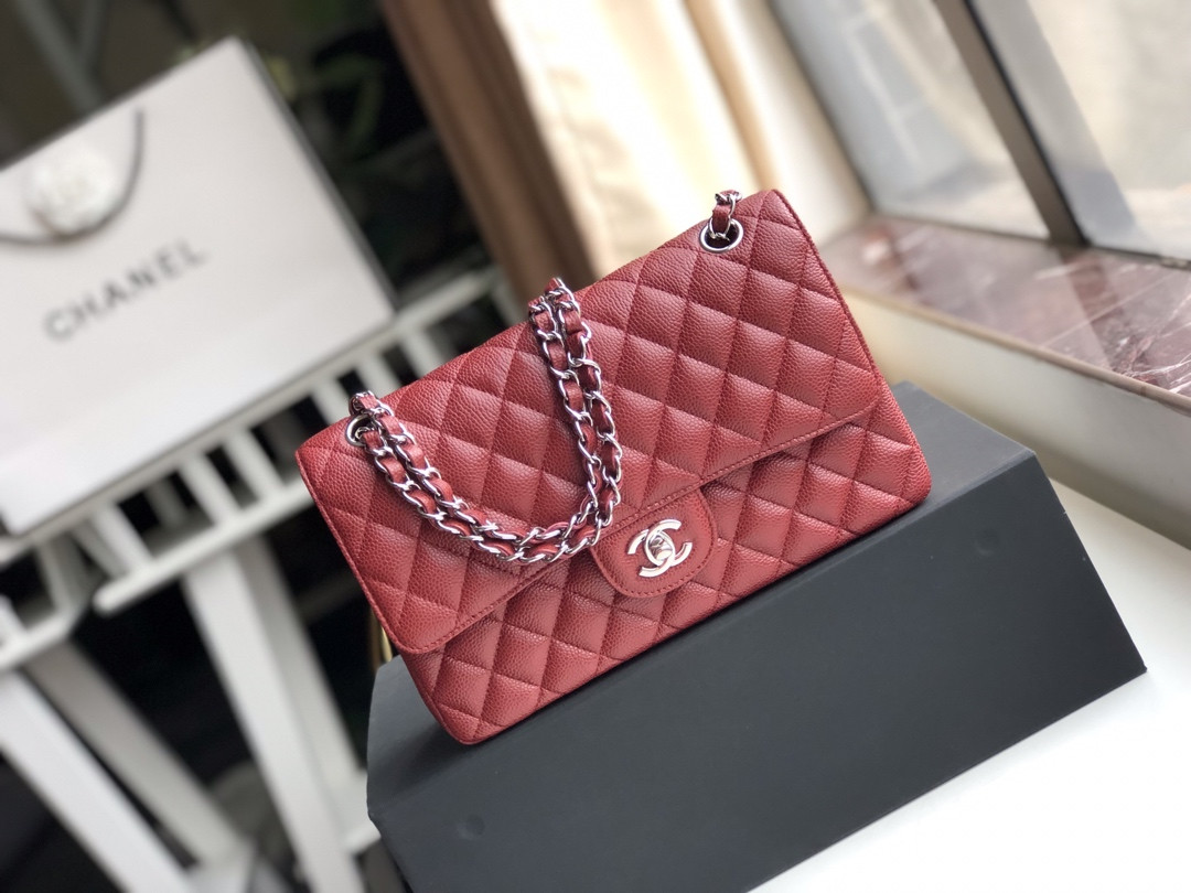 CHANEL CLASSIC HANDBAG GRAINED CALFSKIN SILVER-TONE METAL red 6 × 9.9 × 2.5 in - Image 2