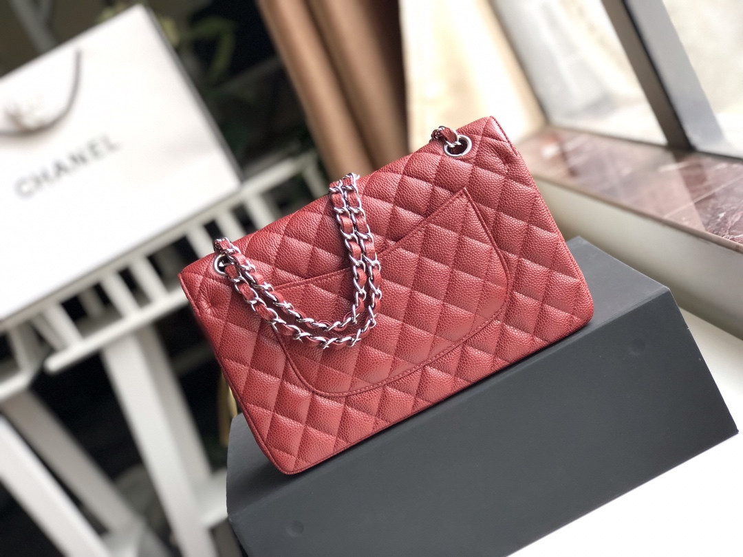 CHANEL CLASSIC HANDBAG GRAINED CALFSKIN SILVER-TONE METAL red 6 × 9.9 × 2.5 in - Image 3