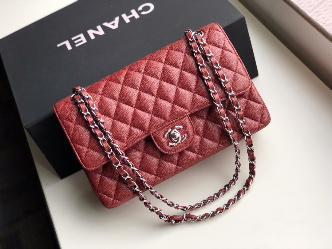 CHANEL CLASSIC HANDBAG GRAINED CALFSKIN SILVER-TONE METAL red 6 × 9.9 × 2.5 in - Image 4