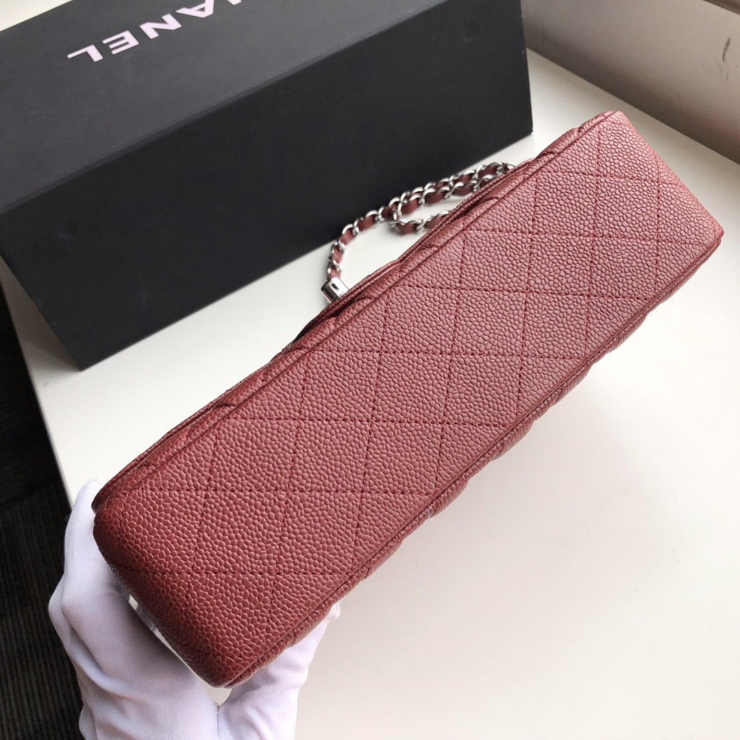 CHANEL CLASSIC HANDBAG GRAINED CALFSKIN SILVER-TONE METAL red 6 × 9.9 × 2.5 in - Image 5