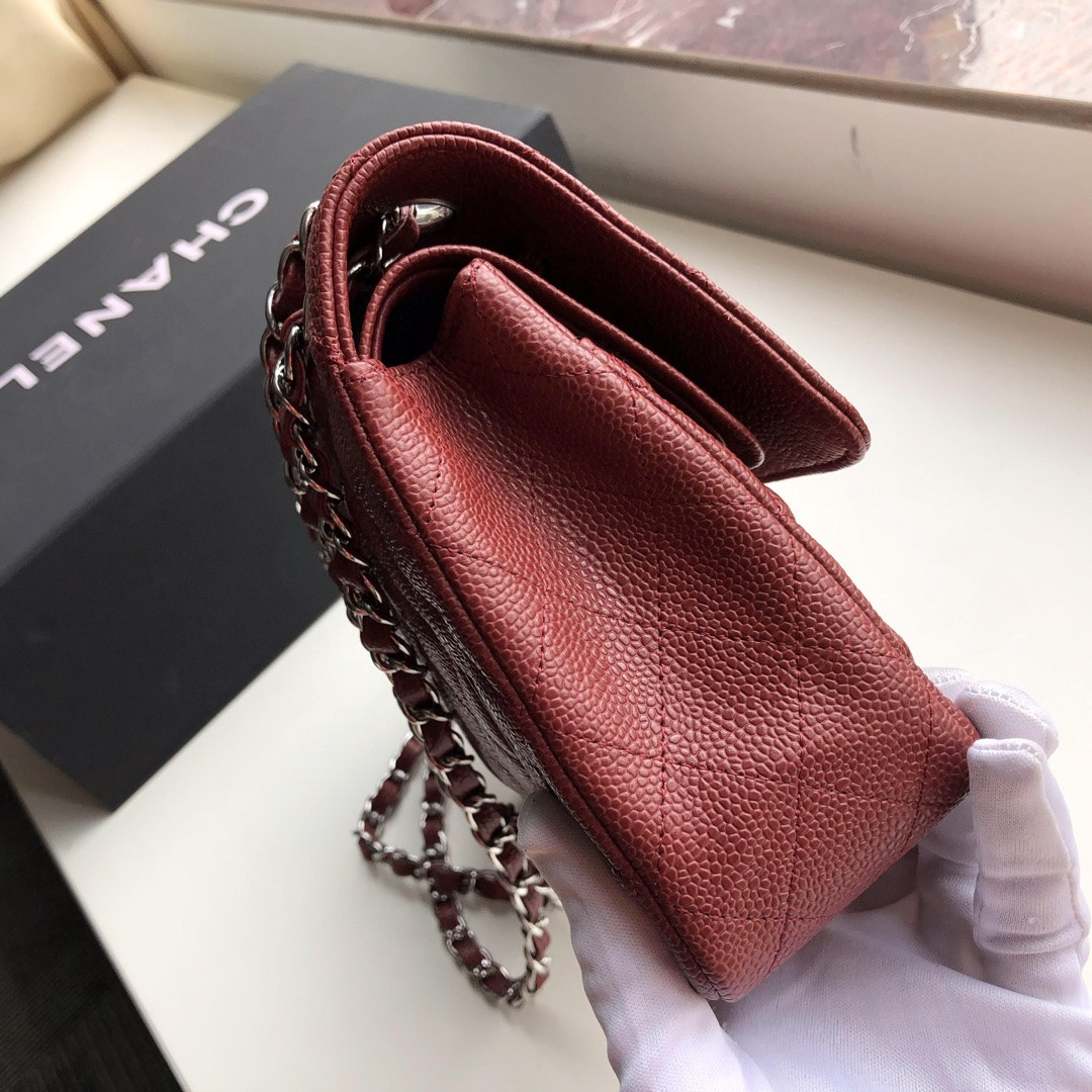 CHANEL CLASSIC HANDBAG GRAINED CALFSKIN SILVER-TONE METAL red 6 × 9.9 × 2.5 in - Image 7