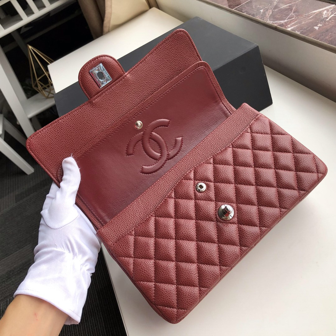 CHANEL CLASSIC HANDBAG GRAINED CALFSKIN SILVER-TONE METAL red 6 × 9.9 × 2.5 in - Image 8