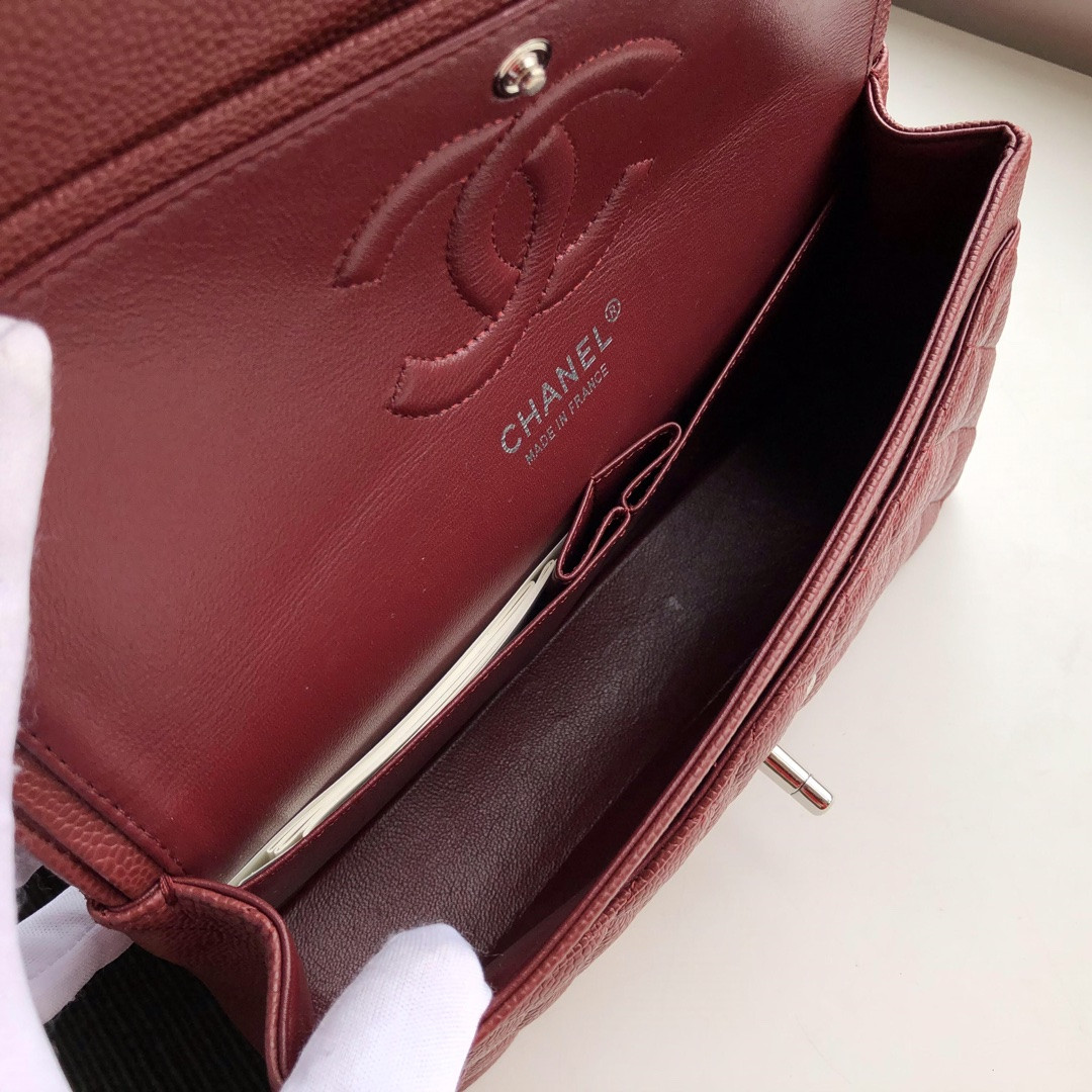 CHANEL CLASSIC HANDBAG GRAINED CALFSKIN SILVER-TONE METAL red 6 × 9.9 × 2.5 in - Image 9