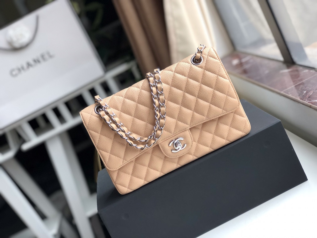 CHANEL CLASSIC HANDBAG GRAINED CALFSKIN SILVER-TONE METAL COFFEE 6 × 9.9 × 2.5 in