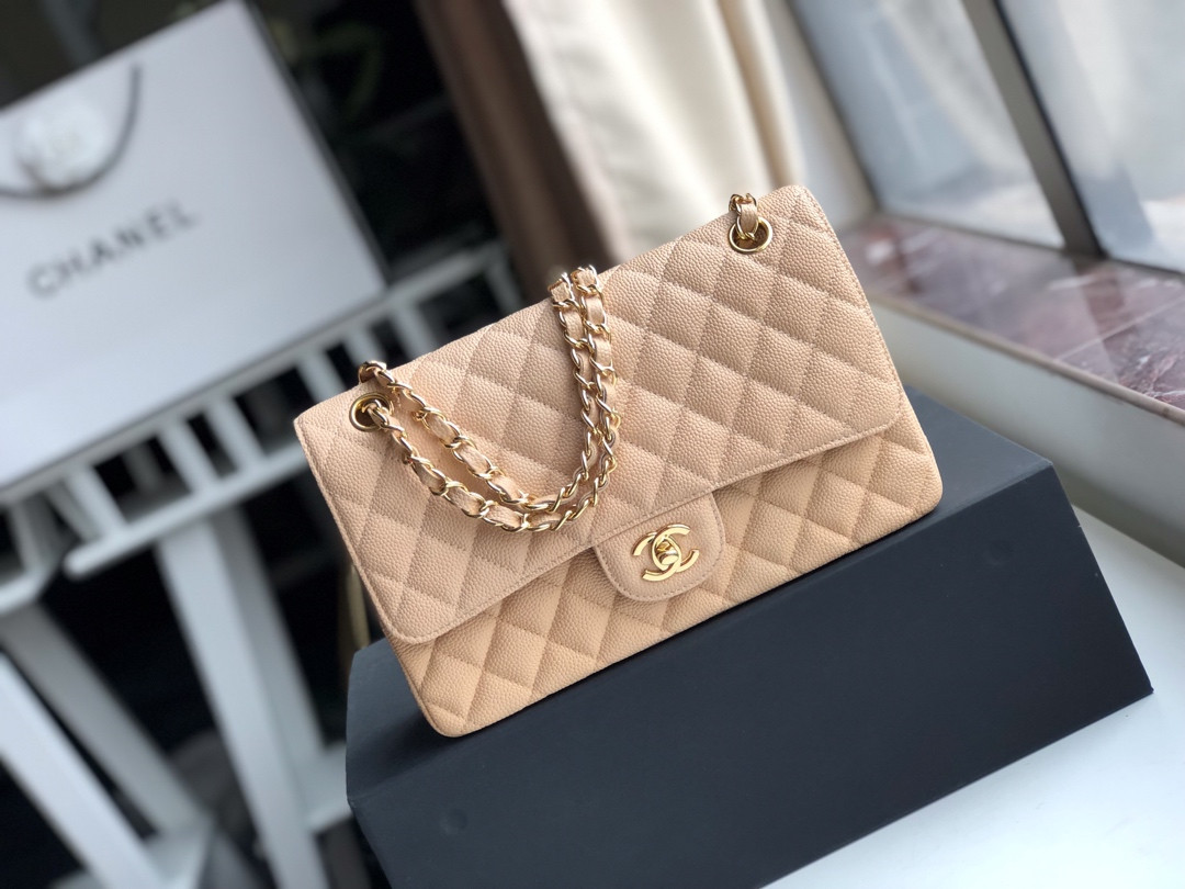 CHANEL CLASSIC HANDBAG GRAINED CALFSKIN Gold-TONE METAL COFFEE 6 × 9.9 × 2.5 in