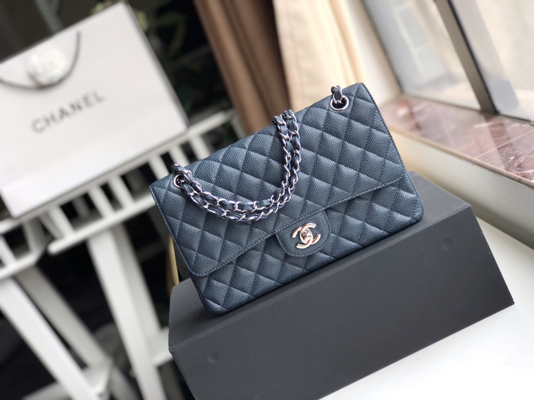 CHANEL CLASSIC HANDBAG GRAINED CALFSKIN SILVER-TONE METAL NAVY 6 × 9.9 × 2.5 in