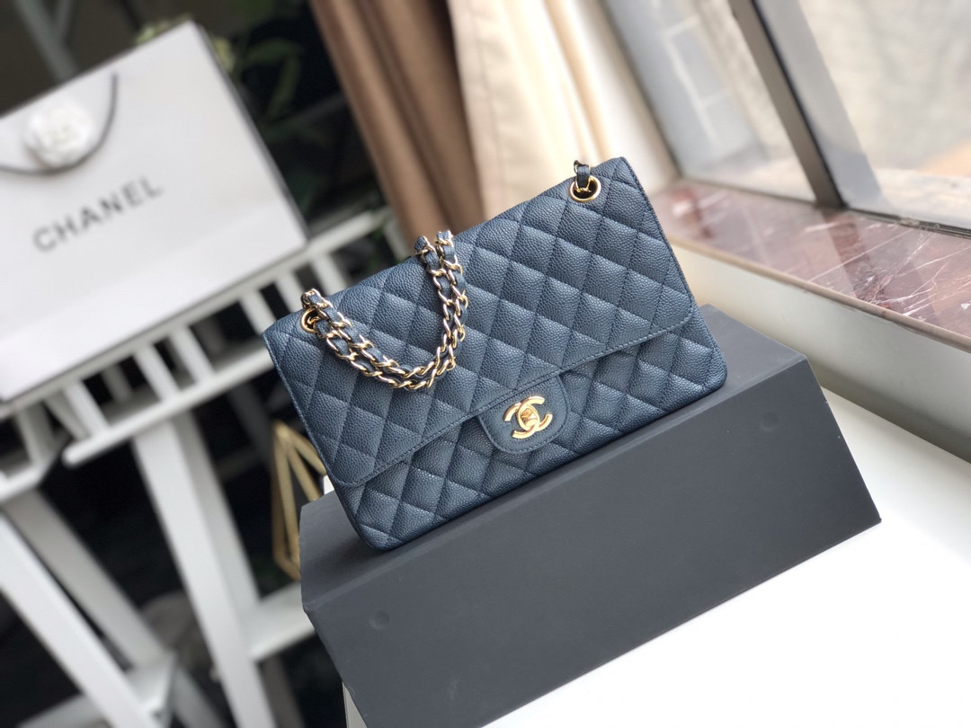 CHANEL CLASSIC HANDBAG GRAINED CALFSKIN GOLD-TONE METAL NAVY 6 × 9.9 × 2.5 in