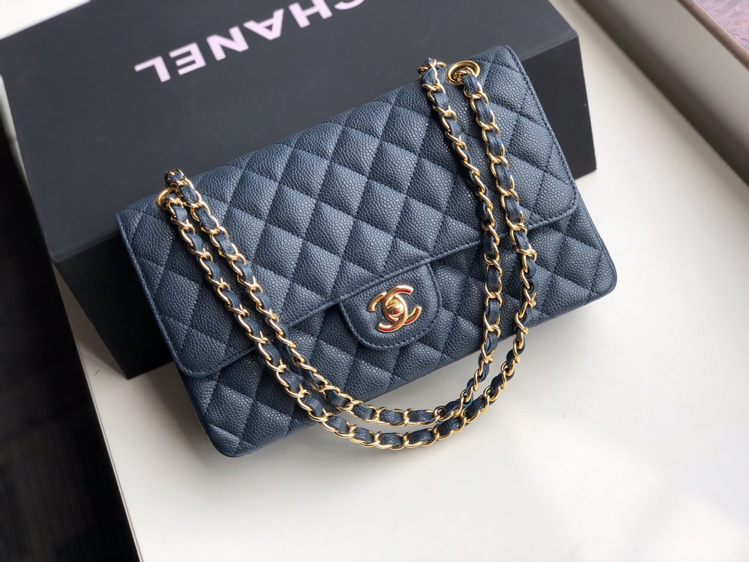 CHANEL CLASSIC HANDBAG GRAINED CALFSKIN GOLD-TONE METAL NAVY 6 × 9.9 × 2.5 in - Image 4