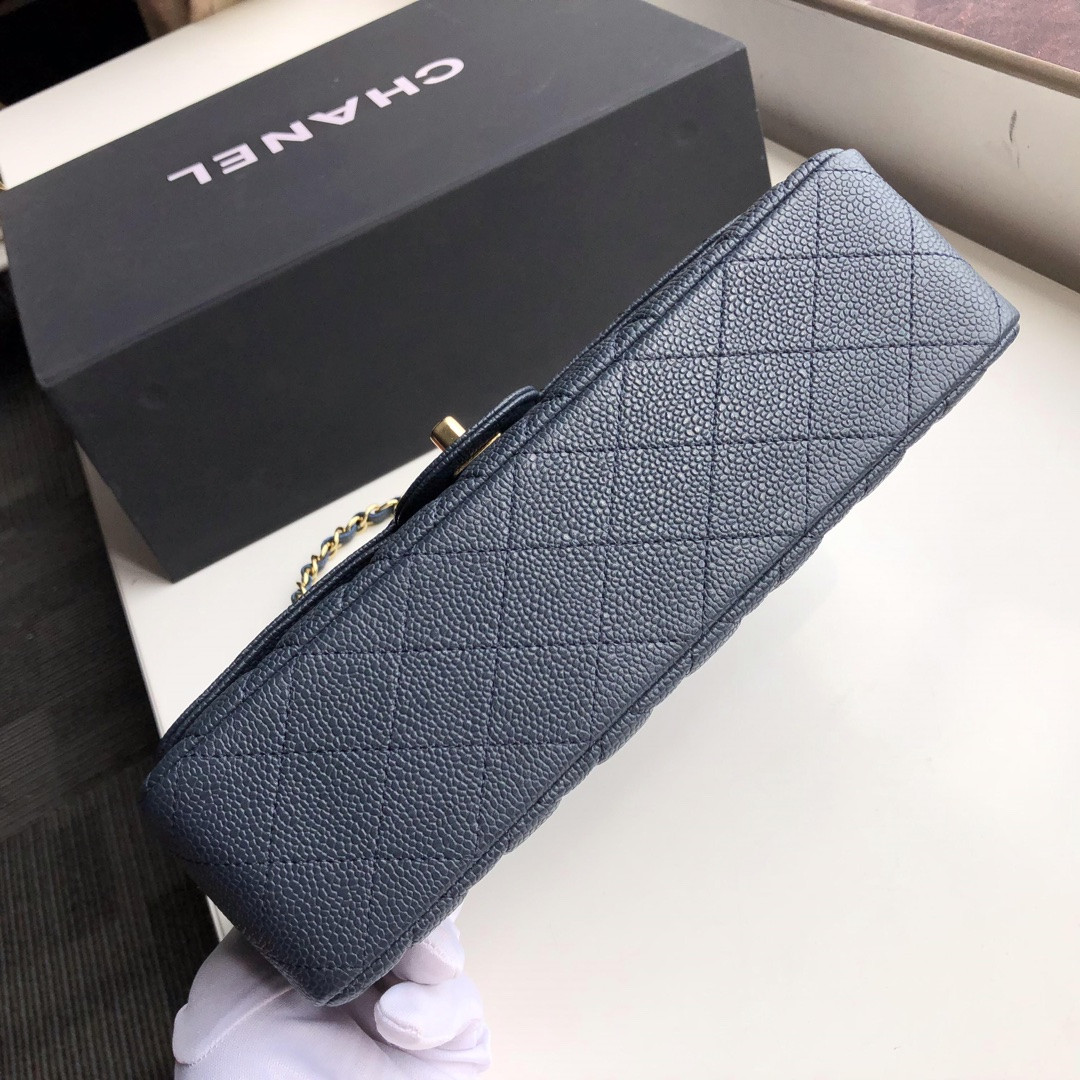 CHANEL CLASSIC HANDBAG GRAINED CALFSKIN GOLD-TONE METAL NAVY 6 × 9.9 × 2.5 in - Image 5