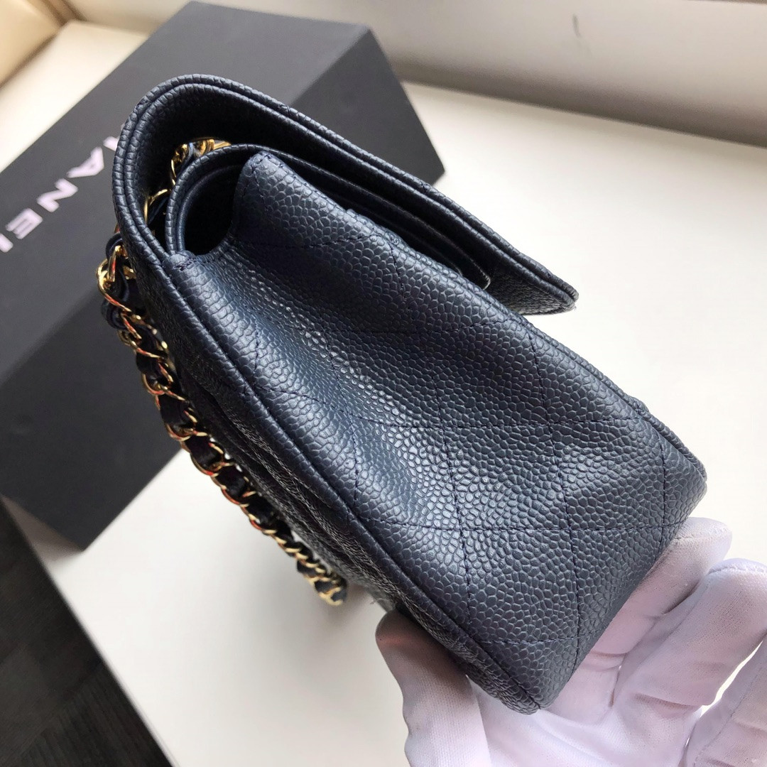 CHANEL CLASSIC HANDBAG GRAINED CALFSKIN GOLD-TONE METAL NAVY 6 × 9.9 × 2.5 in - Image 7