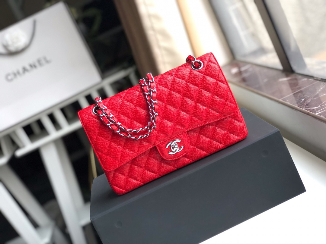 CHANEL CLASSIC HANDBAG GRAINED CALFSKIN SILVER-TONE METAL SHINY red 6 × 9.9 × 2.5 in