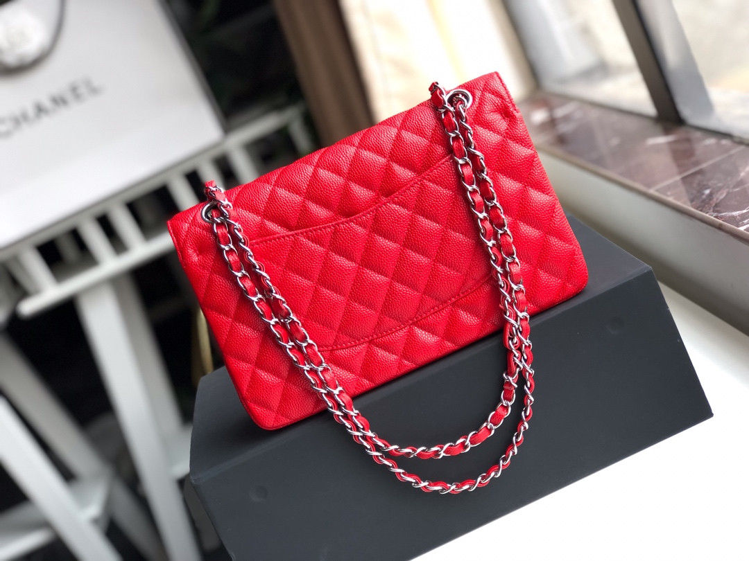 CHANEL CLASSIC HANDBAG GRAINED CALFSKIN SILVER-TONE METAL SHINY red 6 × 9.9 × 2.5 in - Image 3