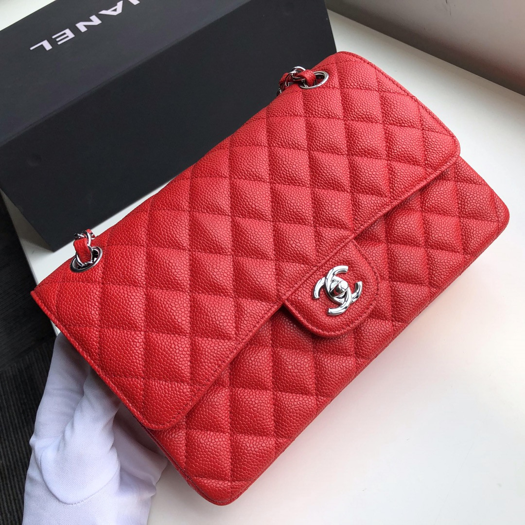 CHANEL CLASSIC HANDBAG GRAINED CALFSKIN SILVER-TONE METAL SHINY red 6 × 9.9 × 2.5 in - Image 4