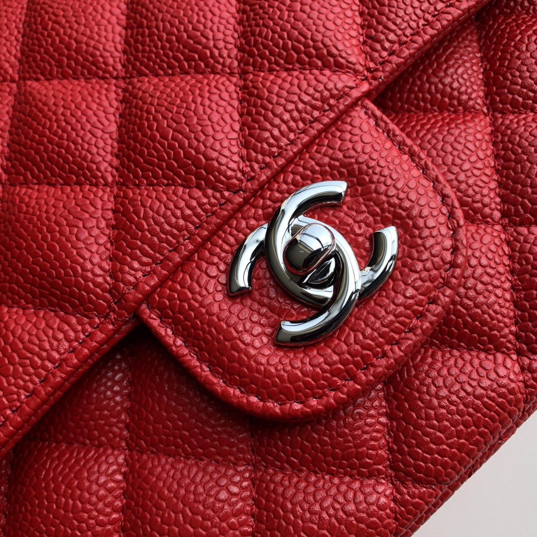 CHANEL CLASSIC HANDBAG GRAINED CALFSKIN SILVER-TONE METAL SHINY red 6 × 9.9 × 2.5 in - Image 5