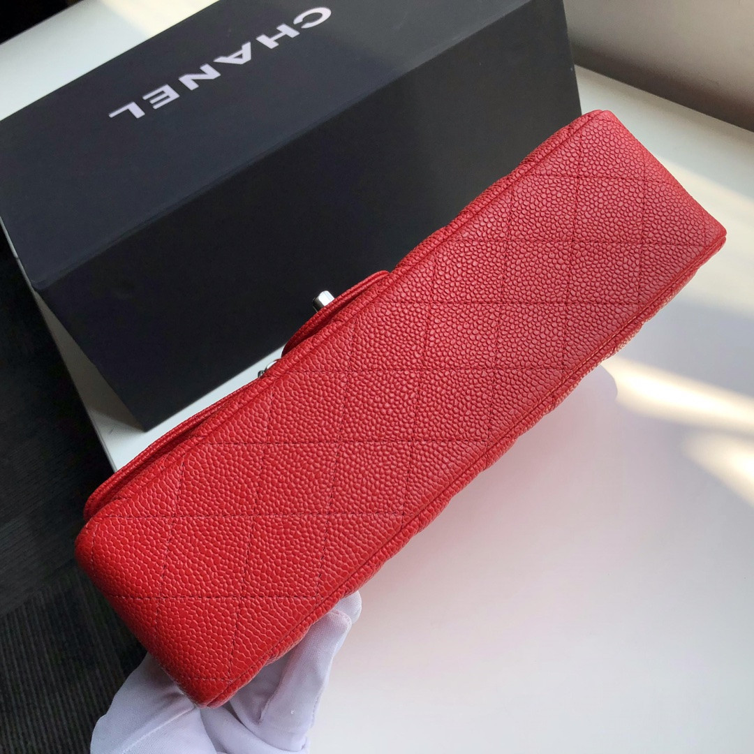CHANEL CLASSIC HANDBAG GRAINED CALFSKIN SILVER-TONE METAL SHINY red 6 × 9.9 × 2.5 in - Image 6