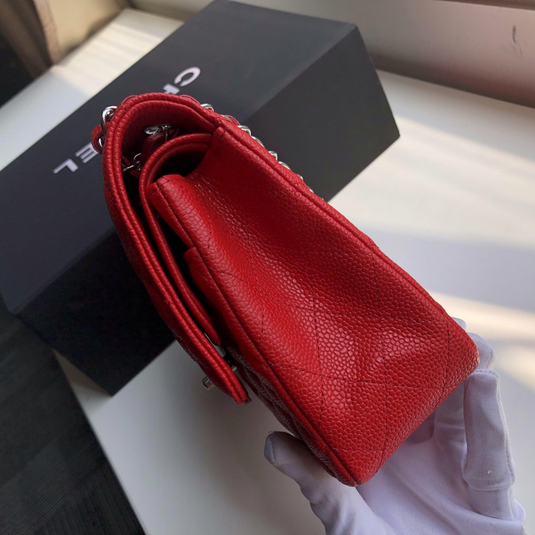 CHANEL CLASSIC HANDBAG GRAINED CALFSKIN SILVER-TONE METAL SHINY red 6 × 9.9 × 2.5 in - Image 7