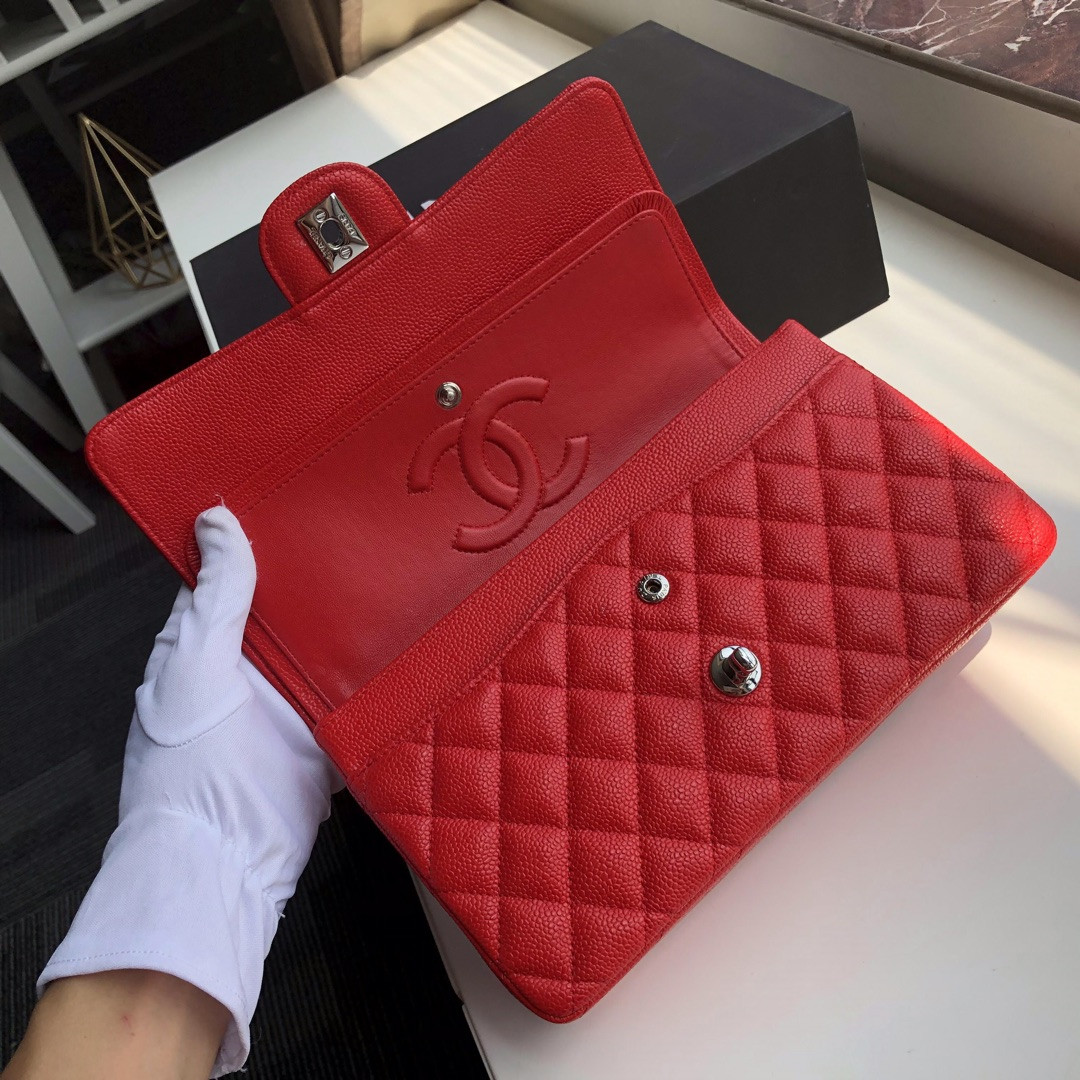 CHANEL CLASSIC HANDBAG GRAINED CALFSKIN SILVER-TONE METAL SHINY red 6 × 9.9 × 2.5 in - Image 8