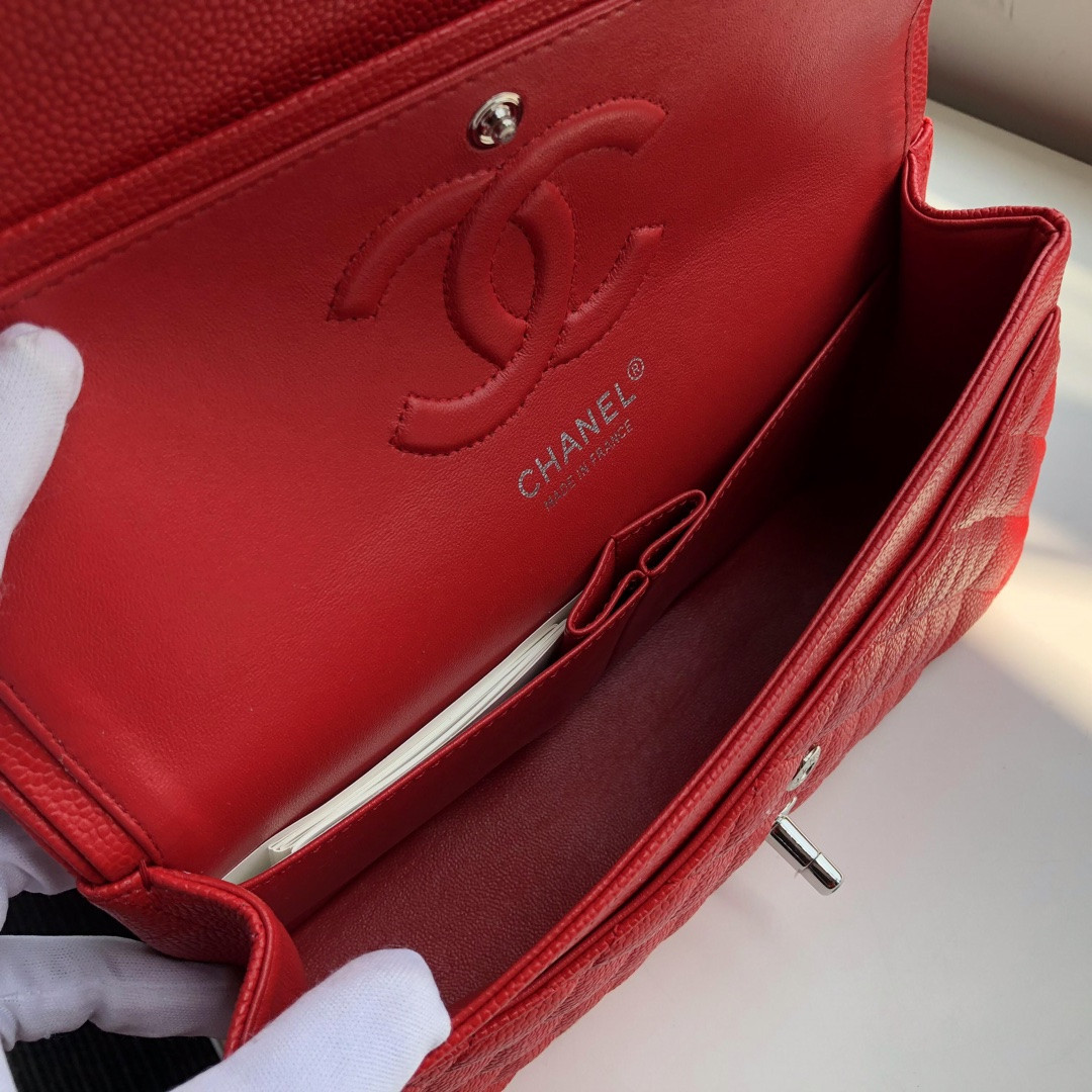 CHANEL CLASSIC HANDBAG GRAINED CALFSKIN SILVER-TONE METAL SHINY red 6 × 9.9 × 2.5 in - Image 9