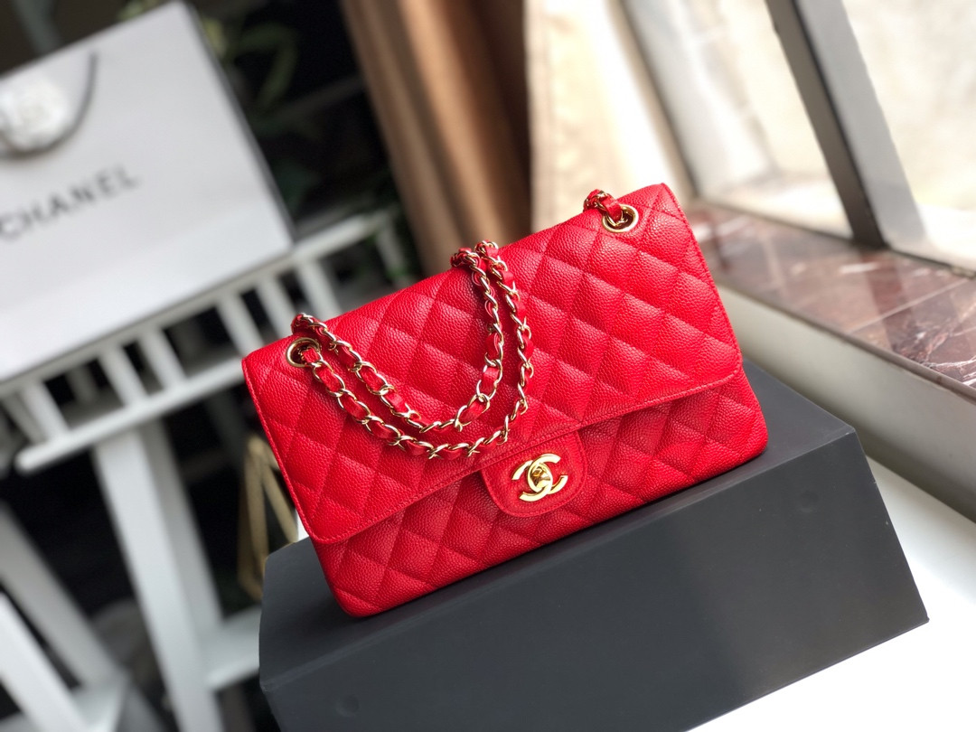 CHANEL CLASSIC HANDBAG GRAINED CALFSKIN gold-TONE METAL SHINY red 6 × 9.9 × 2.5 in