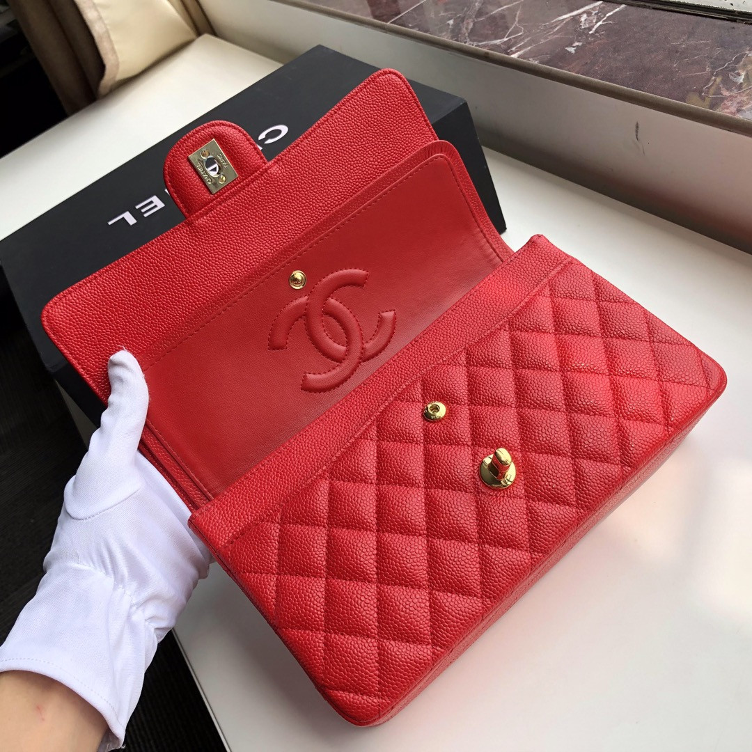 CHANEL CLASSIC HANDBAG GRAINED CALFSKIN gold-TONE METAL SHINY red 6 × 9.9 × 2.5 in - Image 9