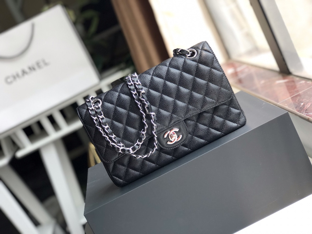 CHANEL CLASSIC HANDBAG GRAINED CALFSKIN SILVER-TONE METAL black 6 × 9.9 × 2.5 in