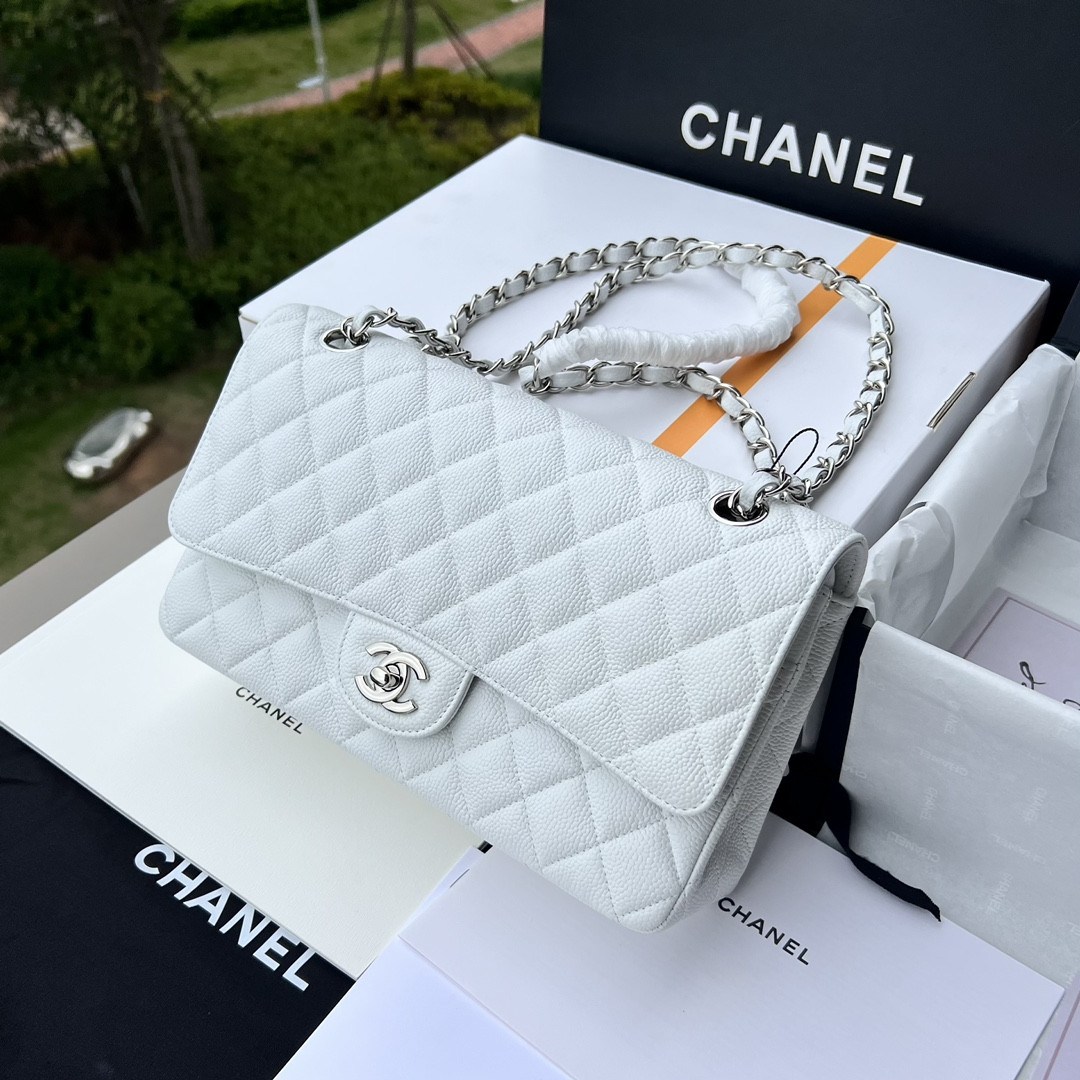 CHANEL CLASSIC HANDBAG GRAINED CALFSKIN SILVER-TONE METAL WHITE 6 × 9.9 × 2.5 in - Image 2