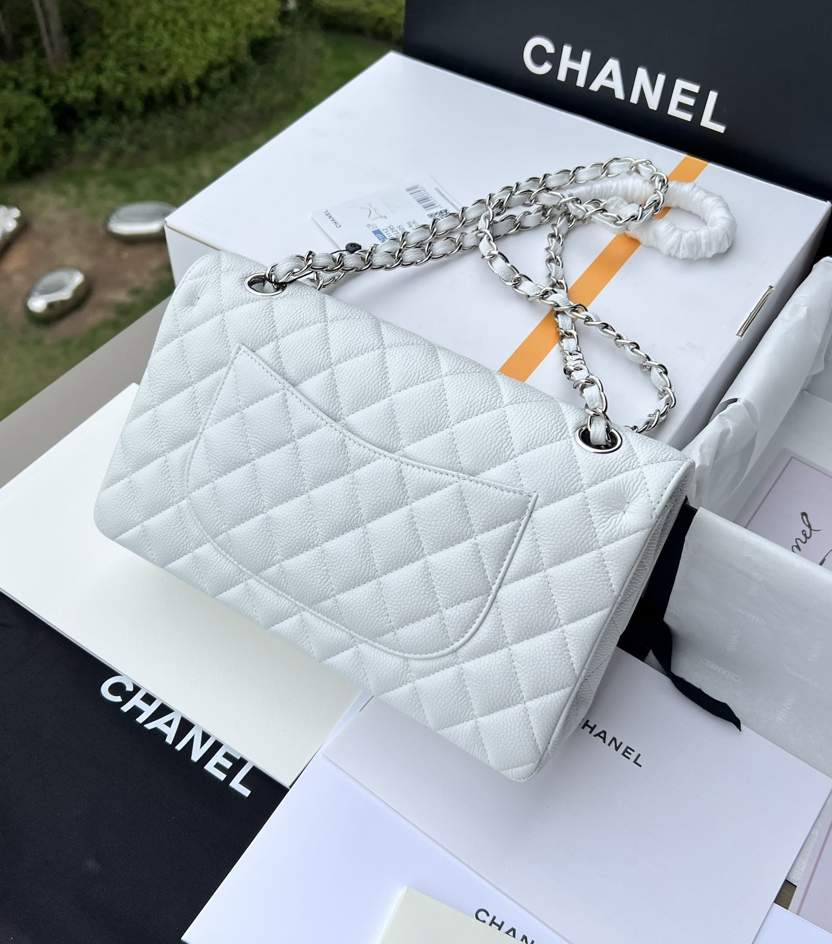 CHANEL CLASSIC HANDBAG GRAINED CALFSKIN SILVER-TONE METAL WHITE 6 × 9.9 × 2.5 in - Image 3