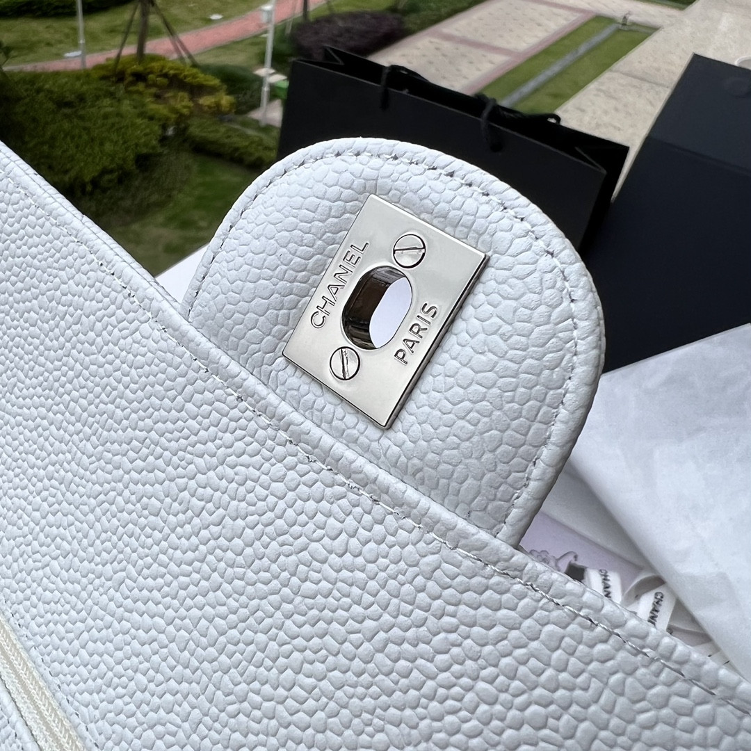 CHANEL CLASSIC HANDBAG GRAINED CALFSKIN SILVER-TONE METAL WHITE 6 × 9.9 × 2.5 in - Image 9