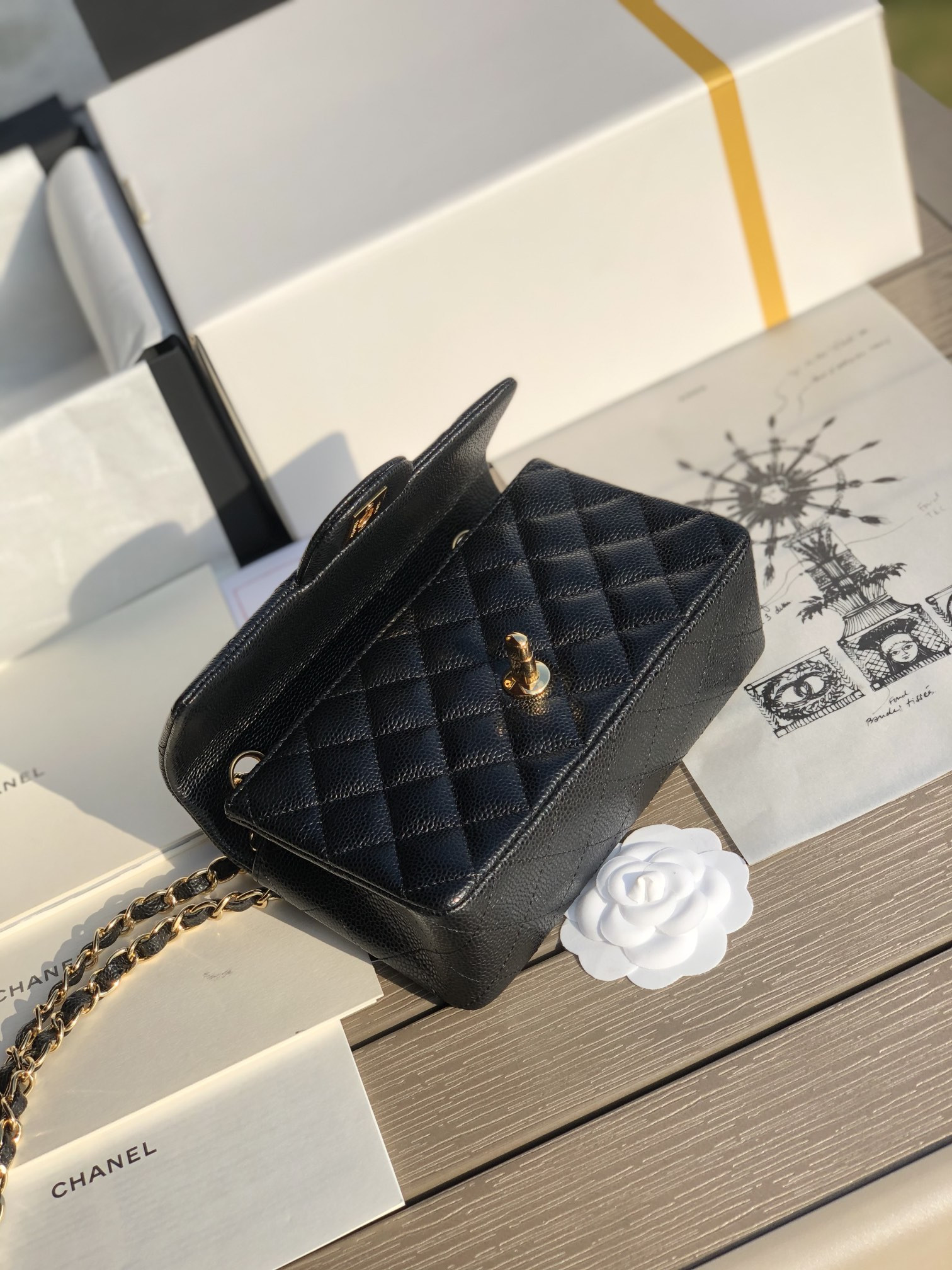 CHANEL MINI FLAP BAG BLACK WITH GOLD-TONE MENTAL 4.7 × 7.8 × 2.3 in - Image 7