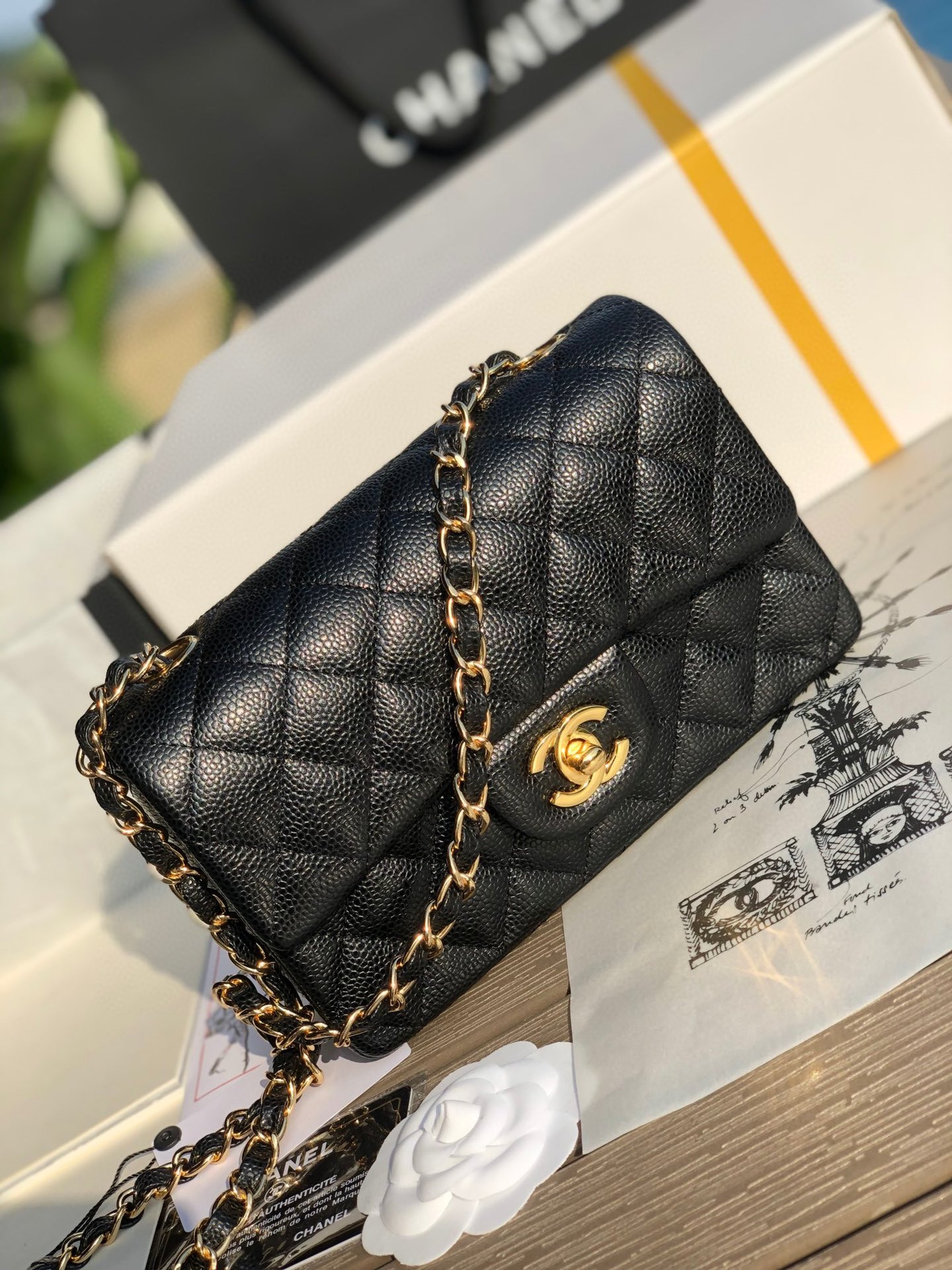 CHANEL MINI FLAP BAG BLACK WITH GOLD-TONE MENTAL 4.7 × 7.8 × 2.3 in - Image 9