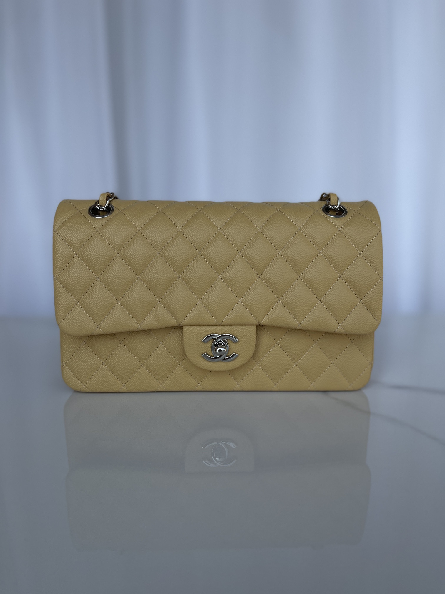 CHANEL CLASSIC HANDBAG GRAINED CALFSKIN SILVER-TONE METAL YELLOW 6 × 9.9 × 2.5 in - Image 2