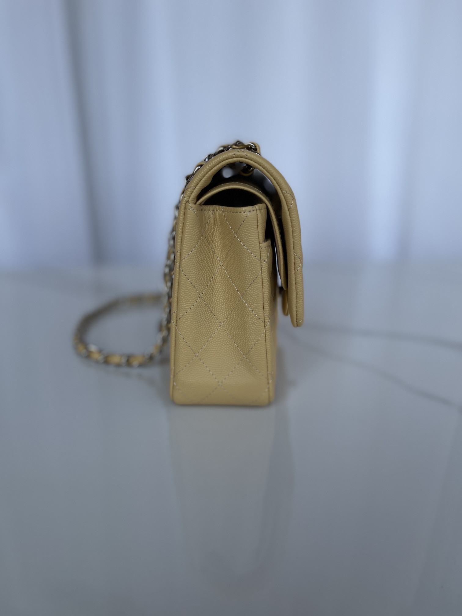 CHANEL CLASSIC HANDBAG GRAINED CALFSKIN SILVER-TONE METAL YELLOW 6 × 9.9 × 2.5 in - Image 3