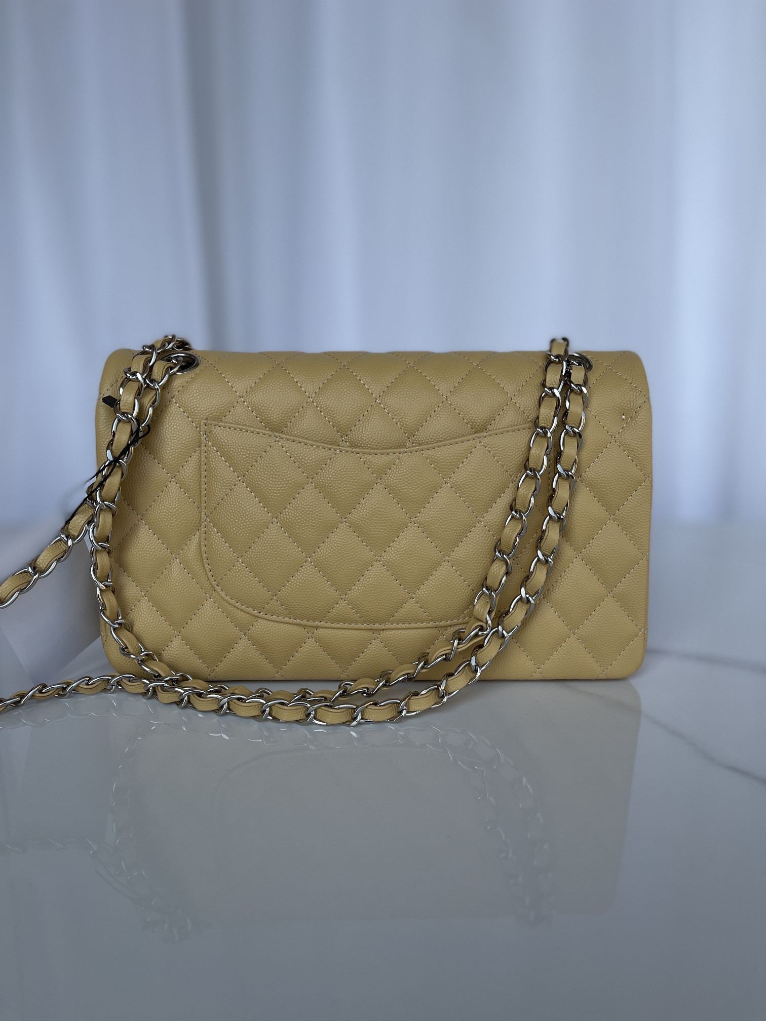 CHANEL CLASSIC HANDBAG GRAINED CALFSKIN SILVER-TONE METAL YELLOW 6 × 9.9 × 2.5 in - Image 4