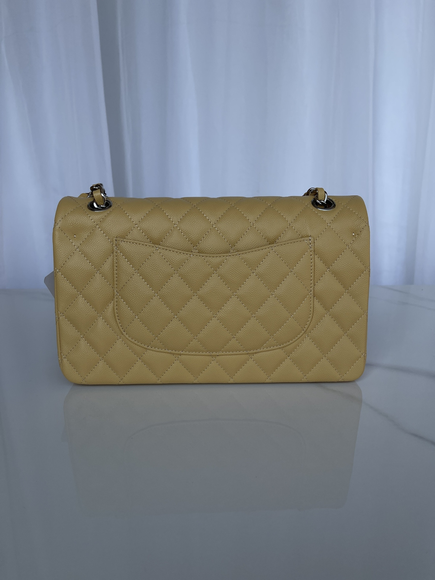 CHANEL CLASSIC HANDBAG GRAINED CALFSKIN SILVER-TONE METAL YELLOW 6 × 9.9 × 2.5 in - Image 5
