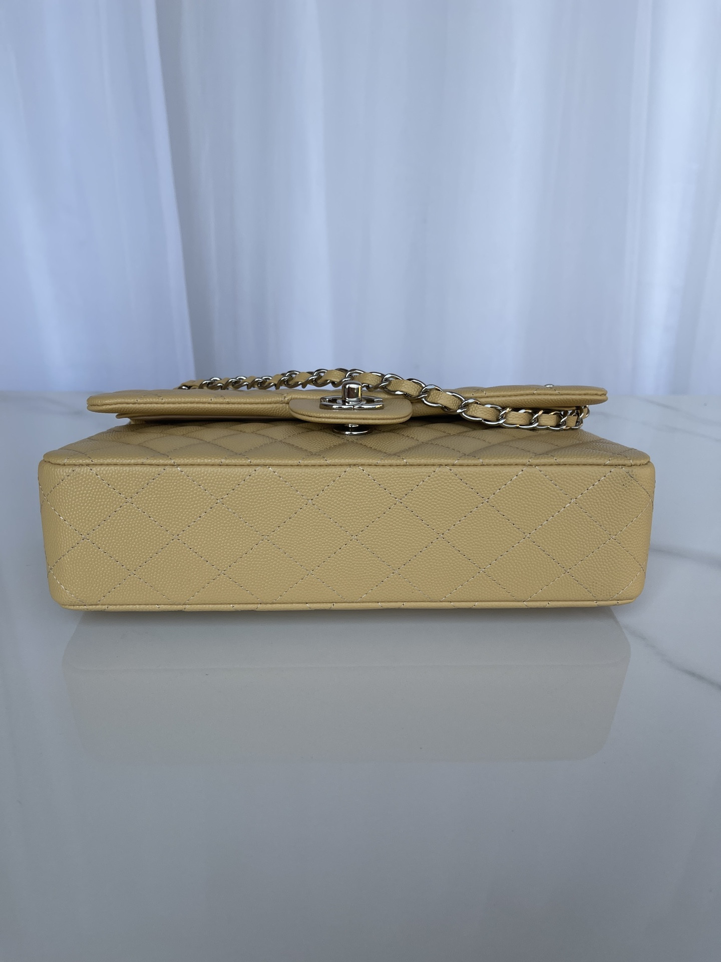 CHANEL CLASSIC HANDBAG GRAINED CALFSKIN SILVER-TONE METAL YELLOW 6 × 9.9 × 2.5 in - Image 6