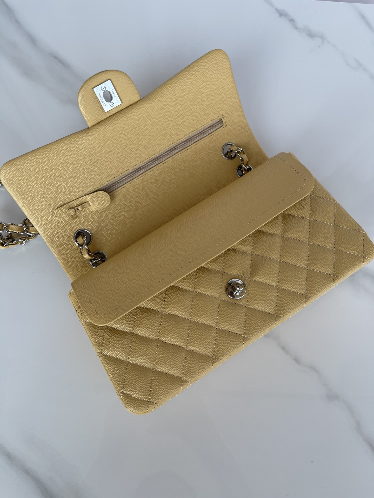 CHANEL CLASSIC HANDBAG GRAINED CALFSKIN SILVER-TONE METAL YELLOW 6 × 9.9 × 2.5 in - Image 7
