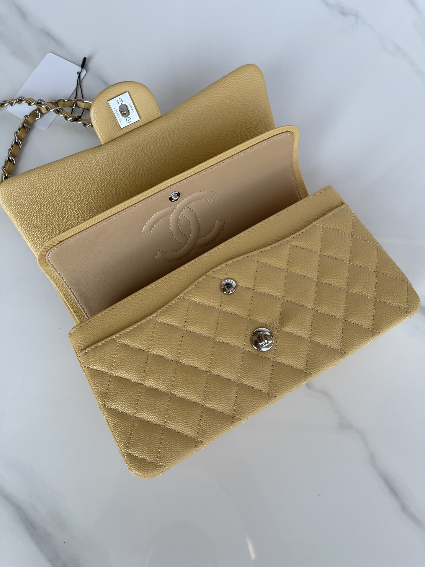 CHANEL CLASSIC HANDBAG GRAINED CALFSKIN SILVER-TONE METAL YELLOW 6 × 9.9 × 2.5 in - Image 8