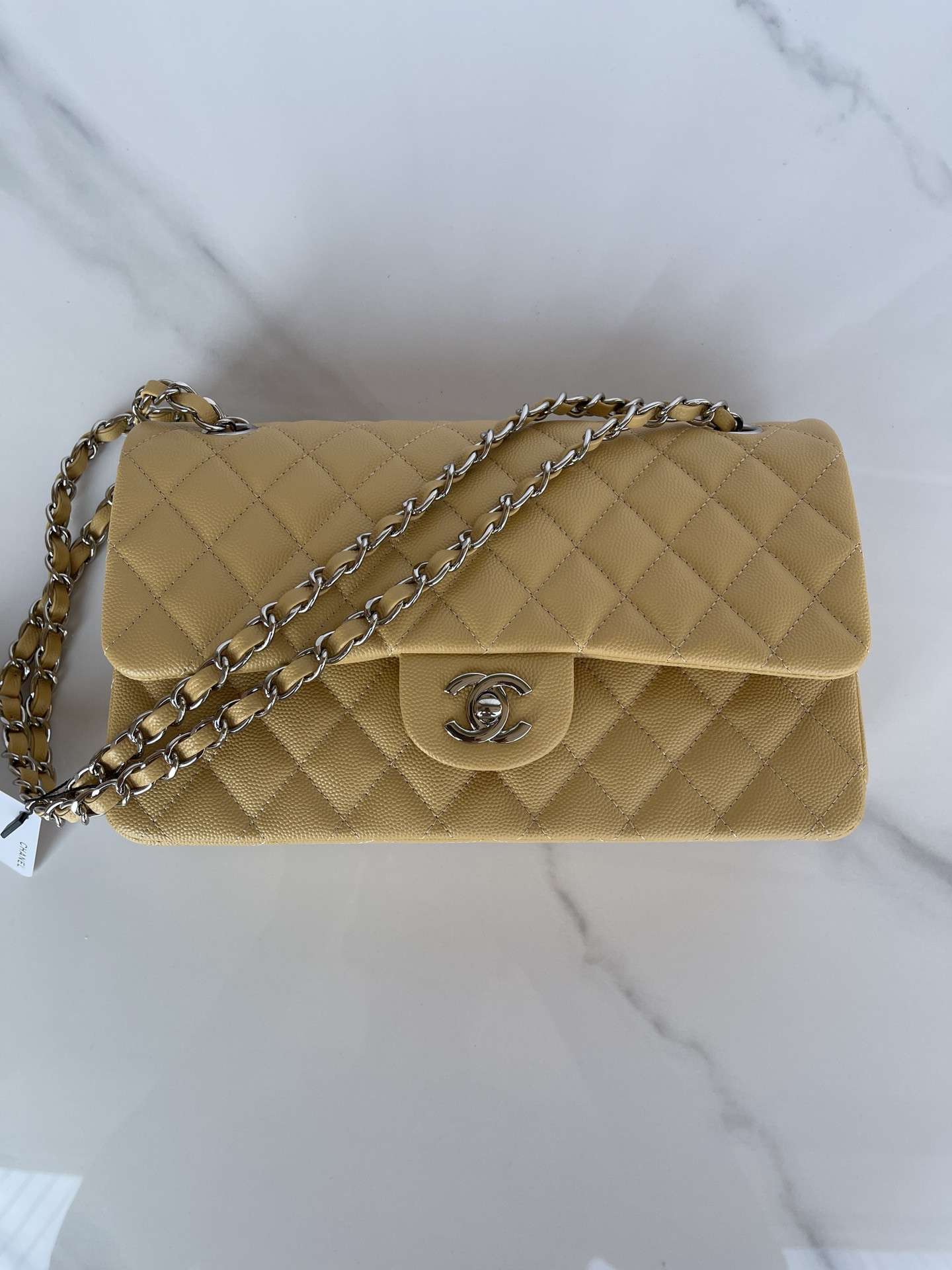 CHANEL CLASSIC HANDBAG GRAINED CALFSKIN SILVER-TONE METAL YELLOW 6 × 9.9 × 2.5 in - Image 10