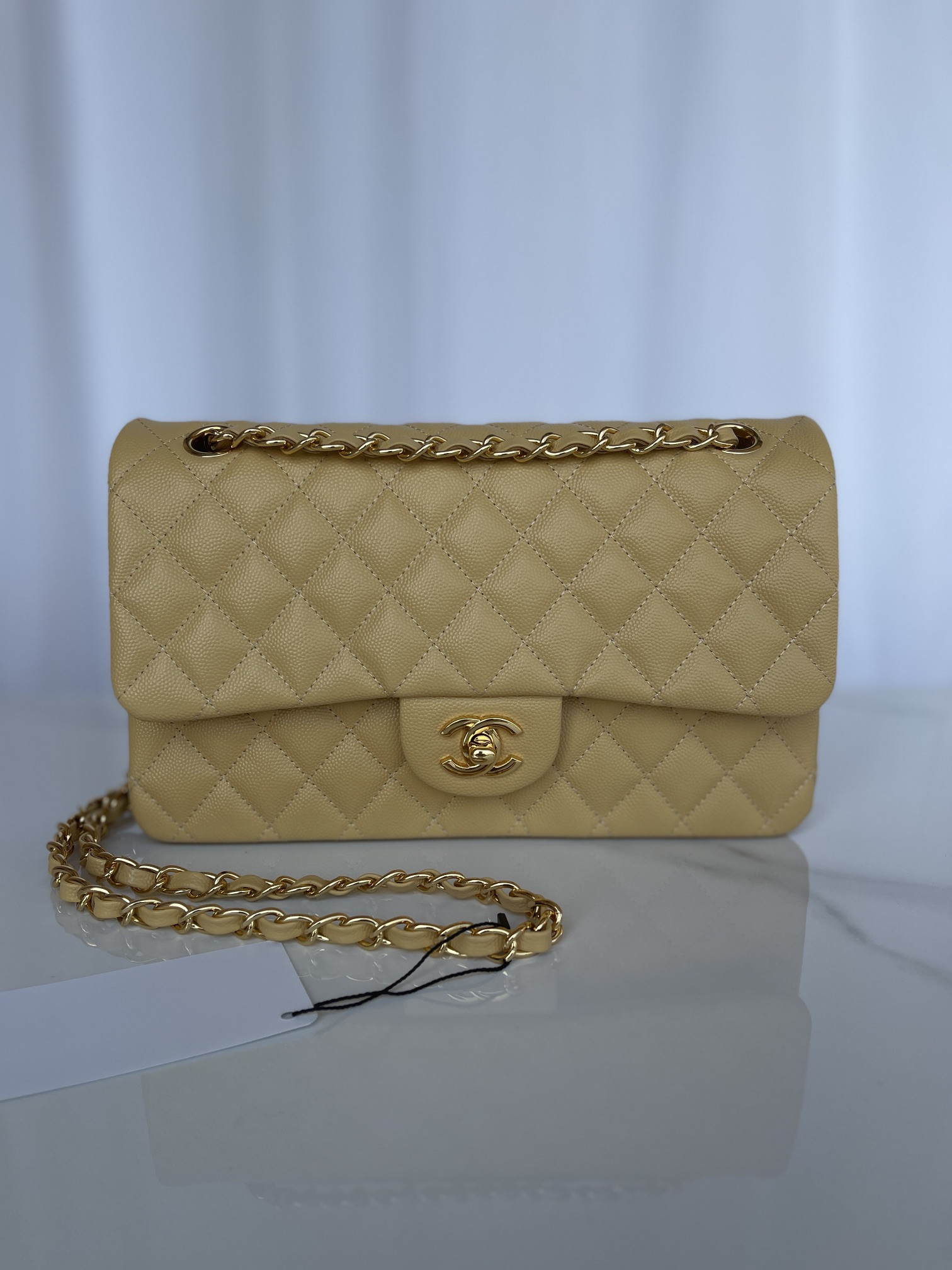 CHANEL CLASSIC HANDBAG GRAINED CALFSKIN GOLD-TONE METAL YELLOW 6 × 9.9 × 2.5 in
