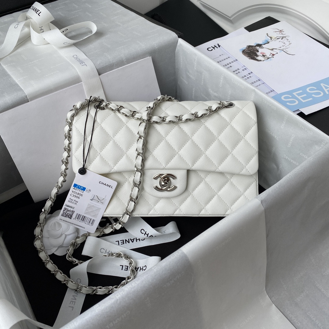 CHANEL SMALL CLASSIC HANDBAG Grained Calfskin Silver-Tone Metal White 5.7 × 9 × 2.3 in