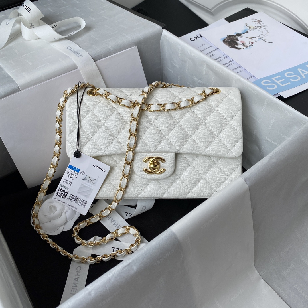 CHANEL SMALL CLASSIC HANDBAG Grained Calfskin Gold-Tone Metal White 5.7 × 9 × 2.3 in