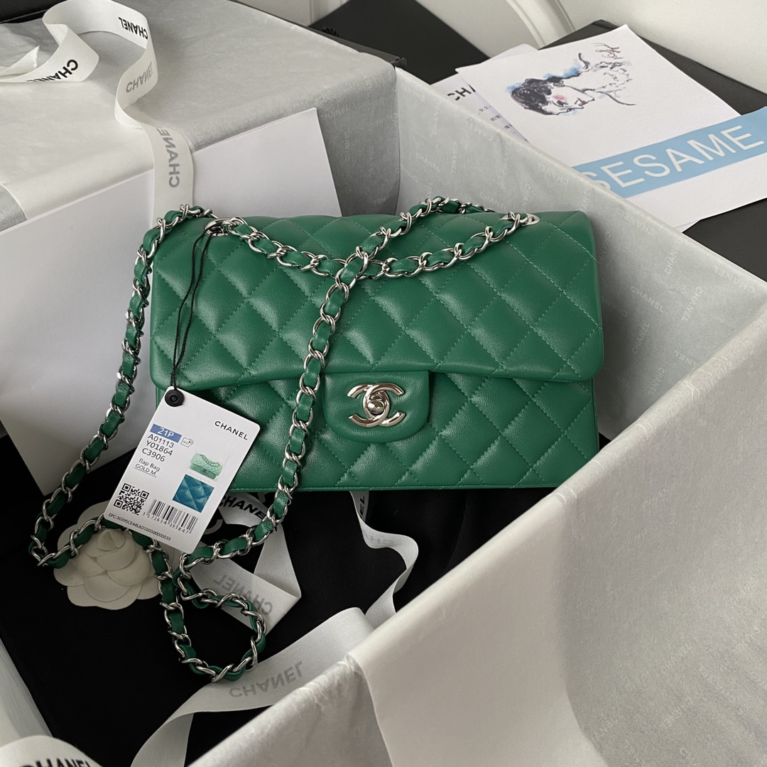 CHANEL SMALL CLASSIC HANDBAG Grained Calfskin Silver-Tone Metal Green 5.7 × 9 × 2.3 in