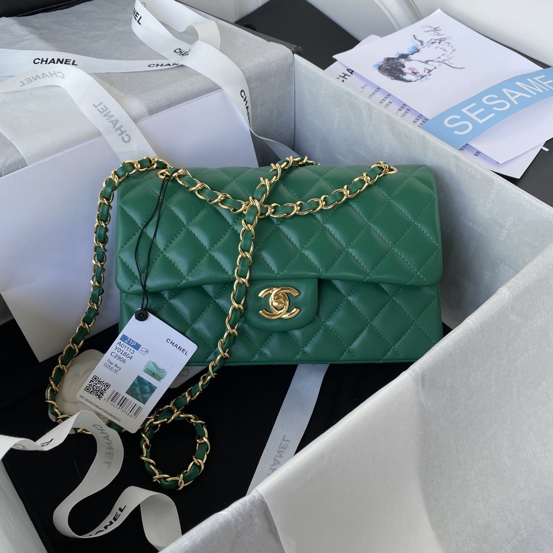 CHANEL SMALL CLASSIC HANDBAG Grained Calfskin Gold-Tone Metal Green 5.7 × 9 × 2.3 in