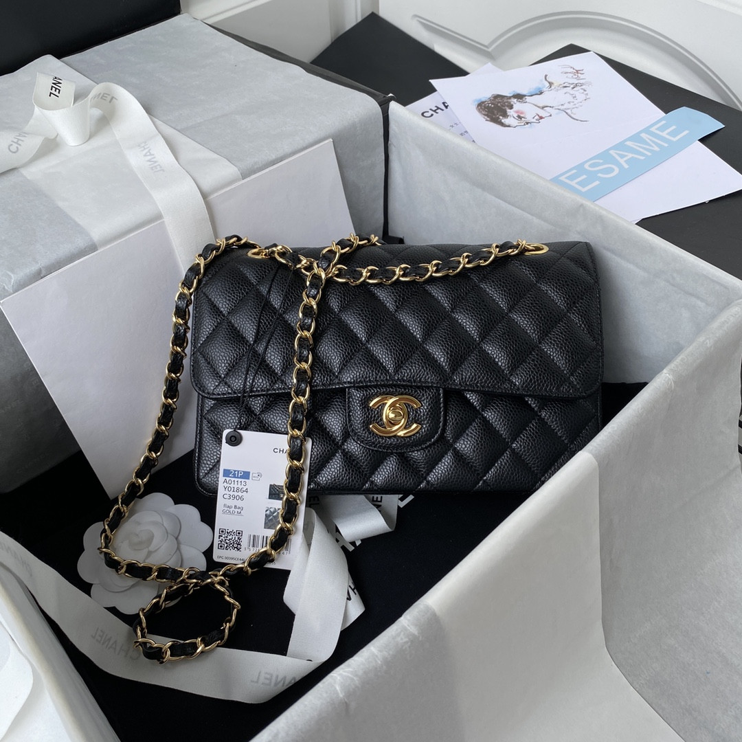 CHANEL SMALL CLASSIC HANDBAG Grained Calfskin Gold-Tone Metal Black 5.7 × 9 × 2.3 in