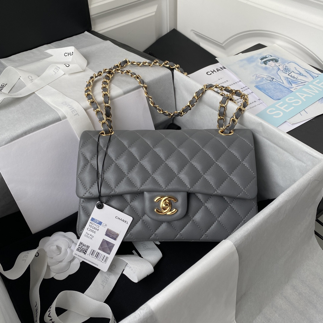 CHANEL SMALL CLASSIC HANDBAG Grained Calfskin Gold-Tone Metal Gray 5.7 × 9 × 2.3 in