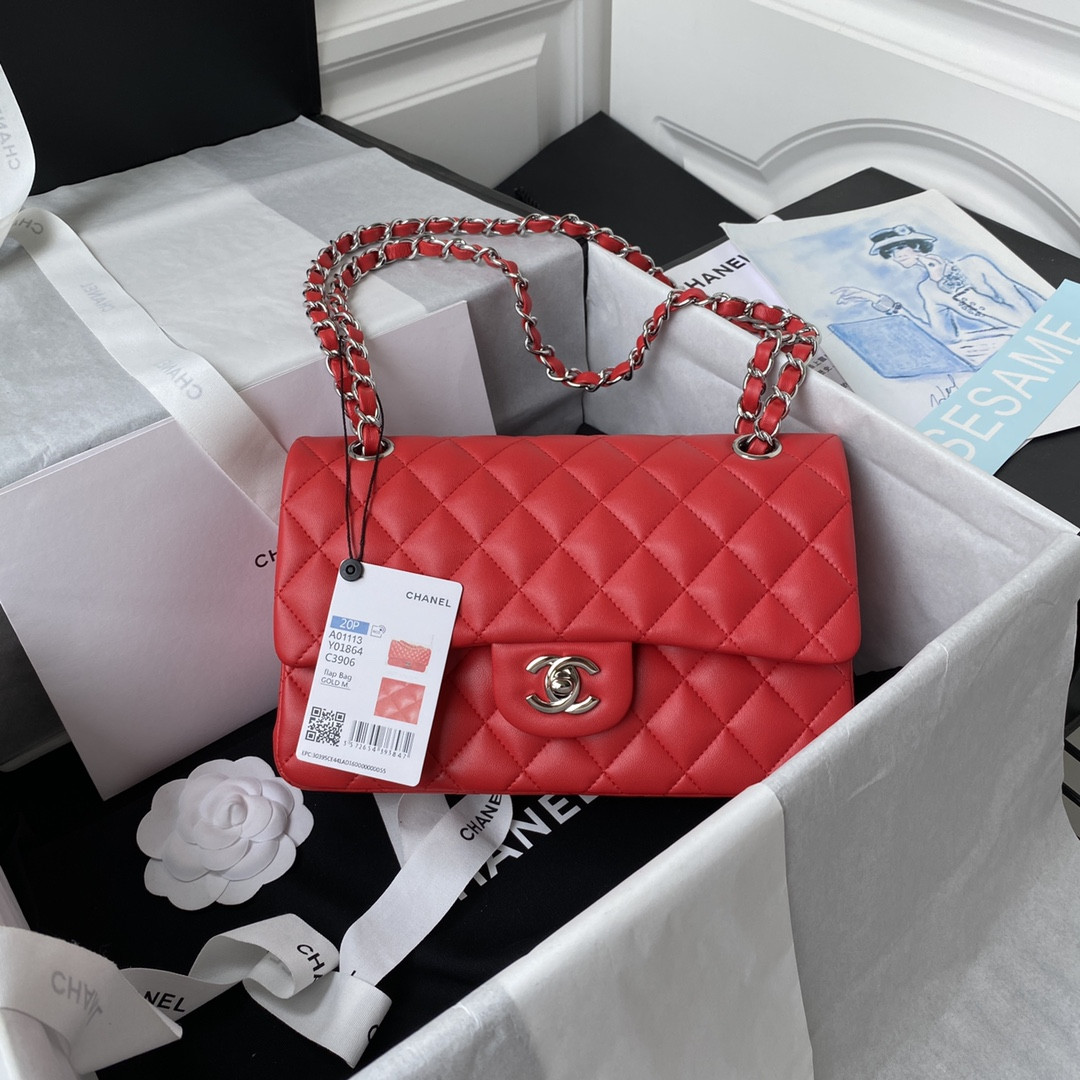 CHANEL SMALL CLASSIC HANDBAG LAMBSKIN SILVER-TONE METAL Red 5.7 × 9 × 2.3 IN - Image 2