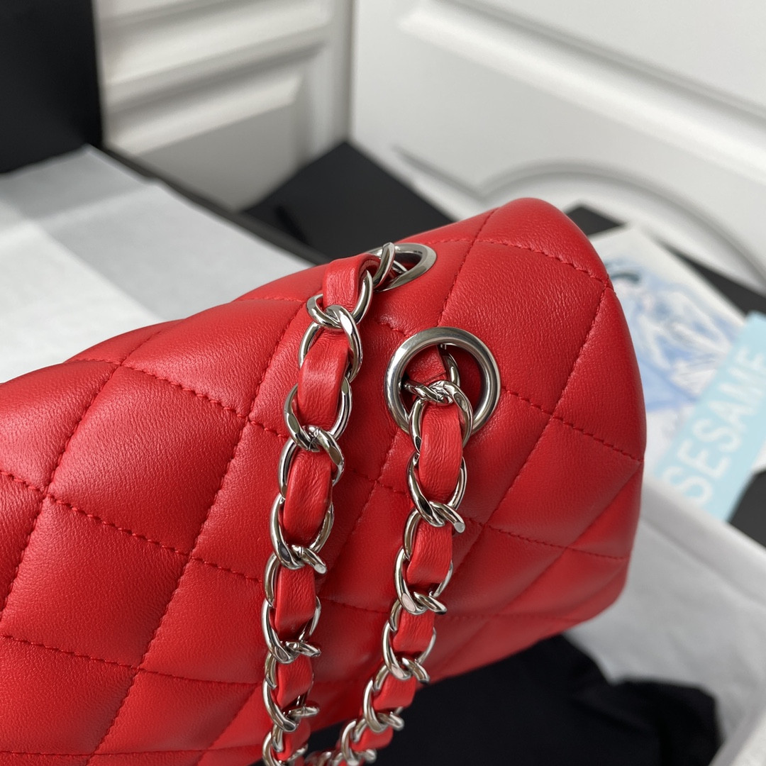CHANEL SMALL CLASSIC HANDBAG LAMBSKIN SILVER-TONE METAL Red 5.7 × 9 × 2.3 IN - Image 5