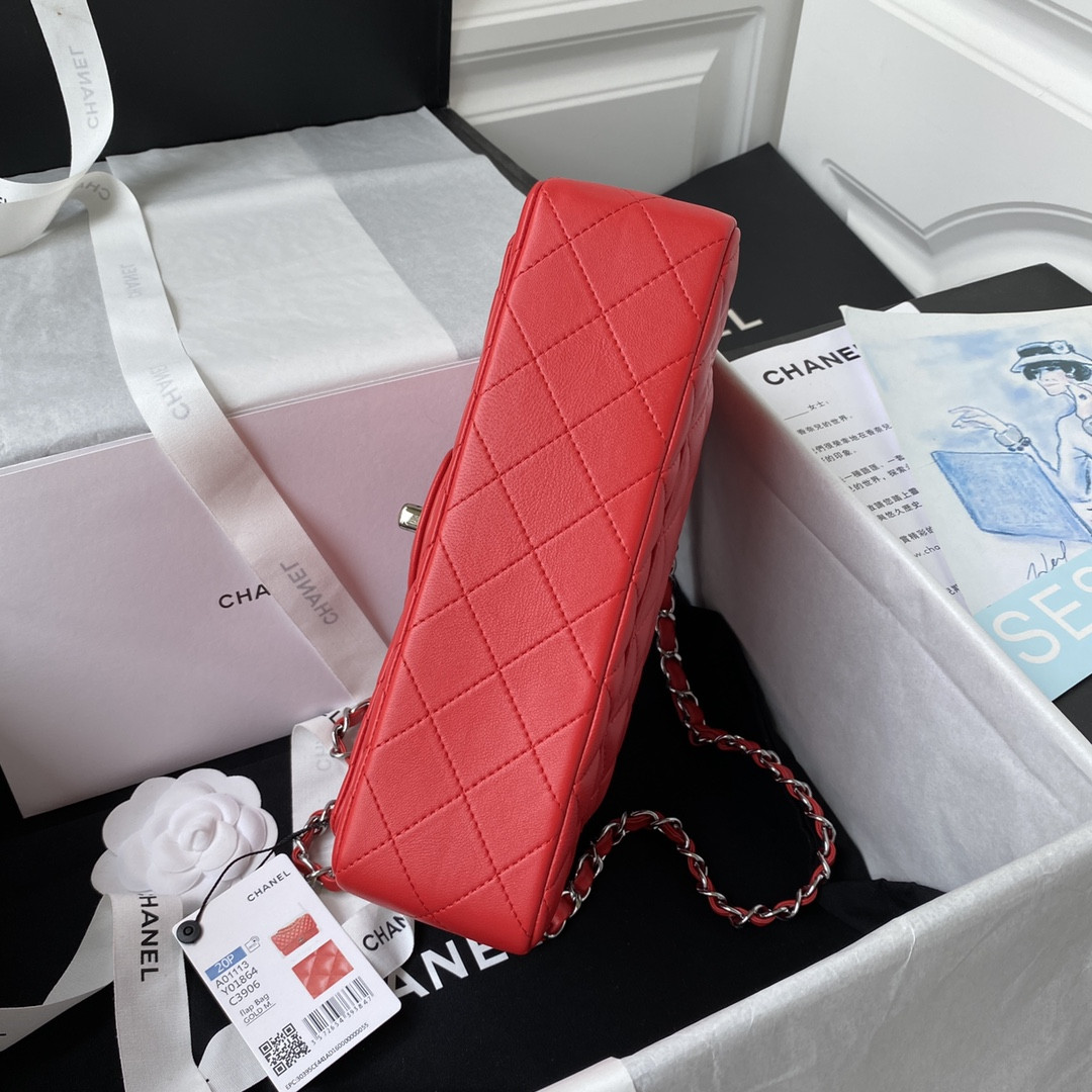 CHANEL SMALL CLASSIC HANDBAG LAMBSKIN SILVER-TONE METAL Red 5.7 × 9 × 2.3 IN - Image 7